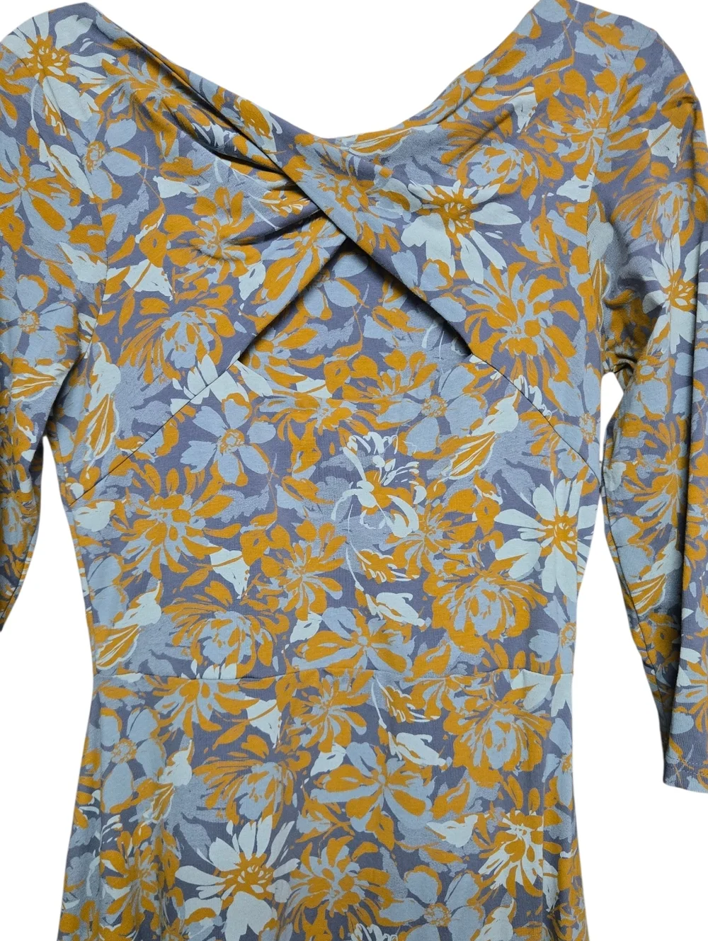 Pact Scarlett Open-Back Midi Dress Mustard Yellow & Blue Floral Pattern Sz M - Picture 4 of 9